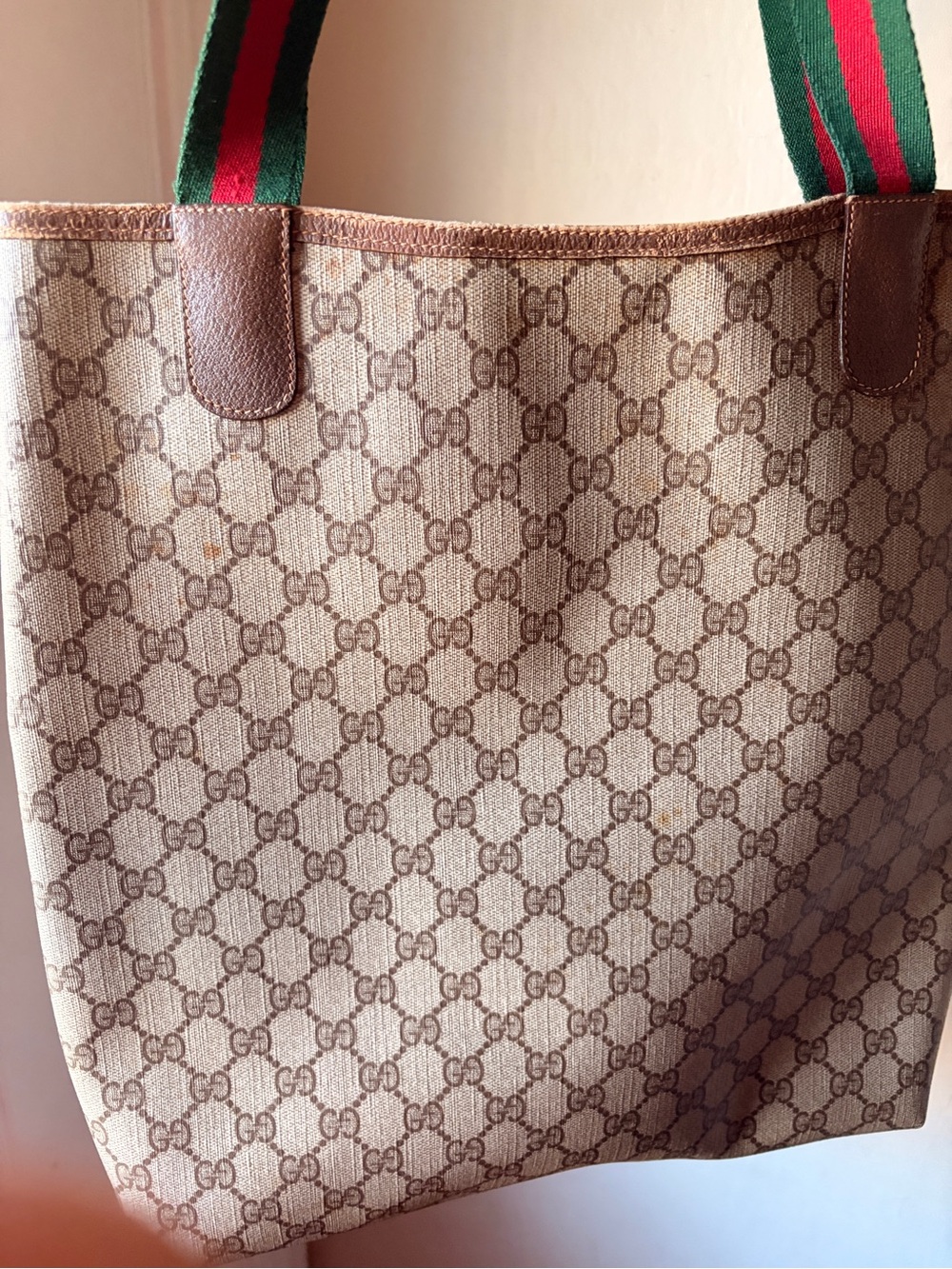 Gucci Beige Brown GG Canvas Tote with Green-Red Stripe Handles - Picture 3 of 13